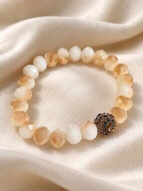 Beaded Stretch Bracelet Faceted Cream Off White Glass Bead Rhinestone Elastic